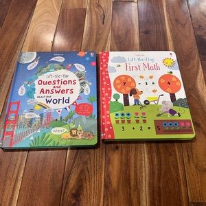 Lot of 2 Usborne first math & lift the flap questions about our world book